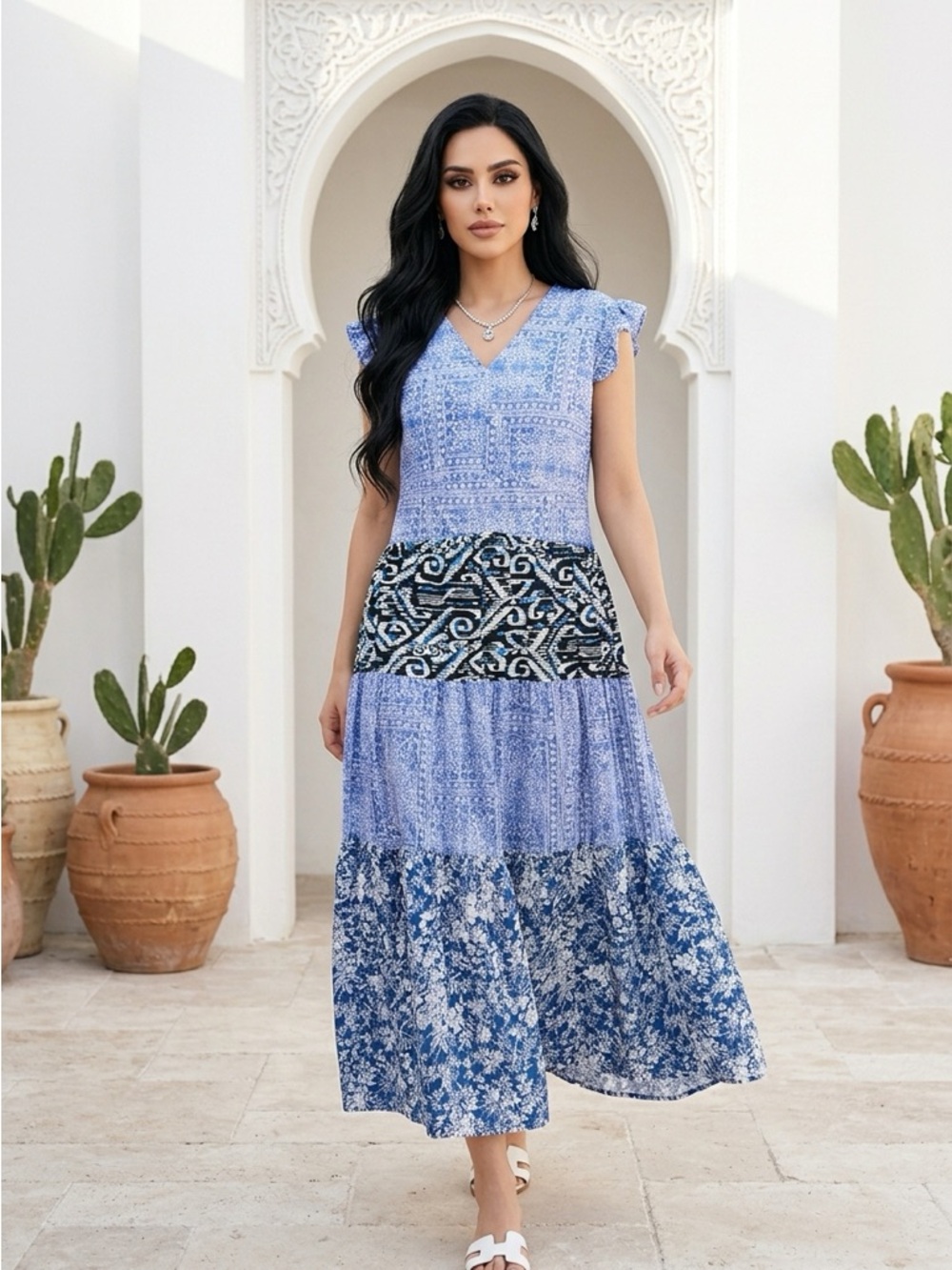 Boho Blue Printed Tiered Maxi Dress - V-Neck Flutter Sleeve